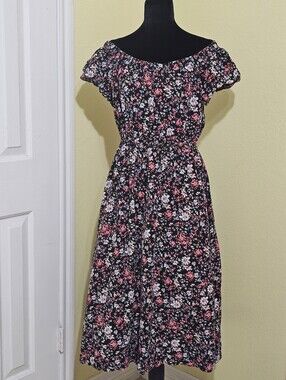 GAP Black Midi Dress with Pink & White Floral Print